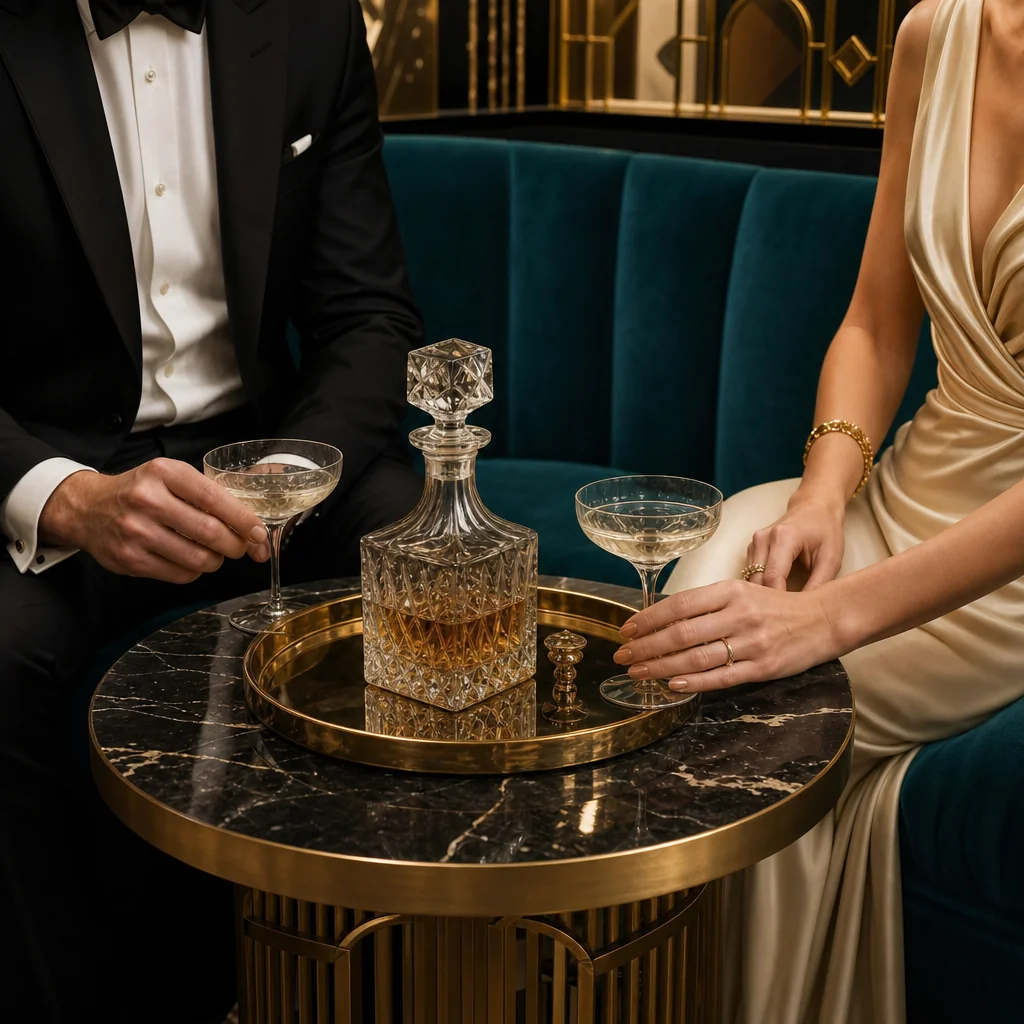 Art deco VIP lounge with gold velvet and chandeliers
