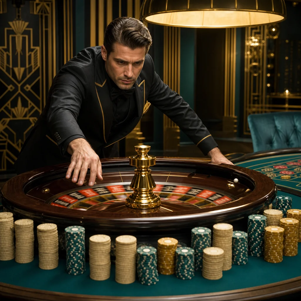 Art deco roulette wheel spinning with golden geometric frame